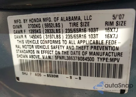 2007 Honda Odyssey Ex-L из США, поврежденный, VIN 5FNRL38637B084500